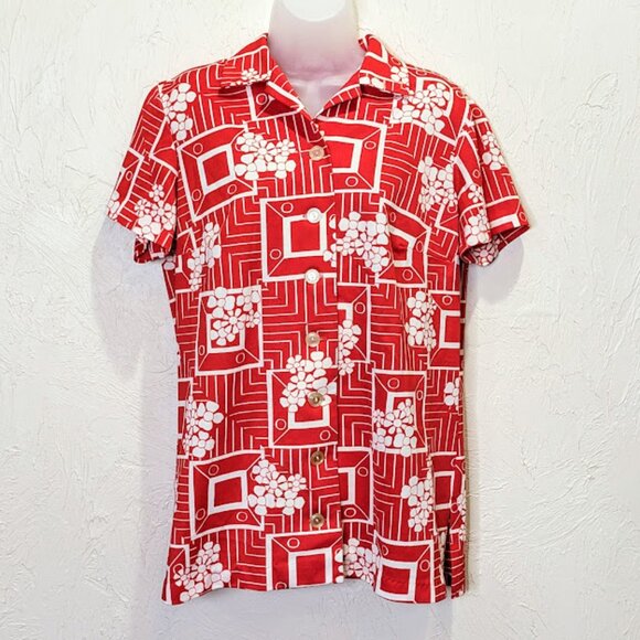 Vintage 1970s Tropical Print Camp Shirt Women's M Short Sleeve Red Button Up - Picture 1 of 6